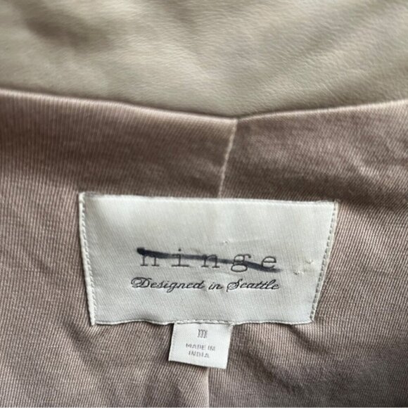 Hinge beige scoop neck zipper leather jacket Sz M - Picture 6 of 15